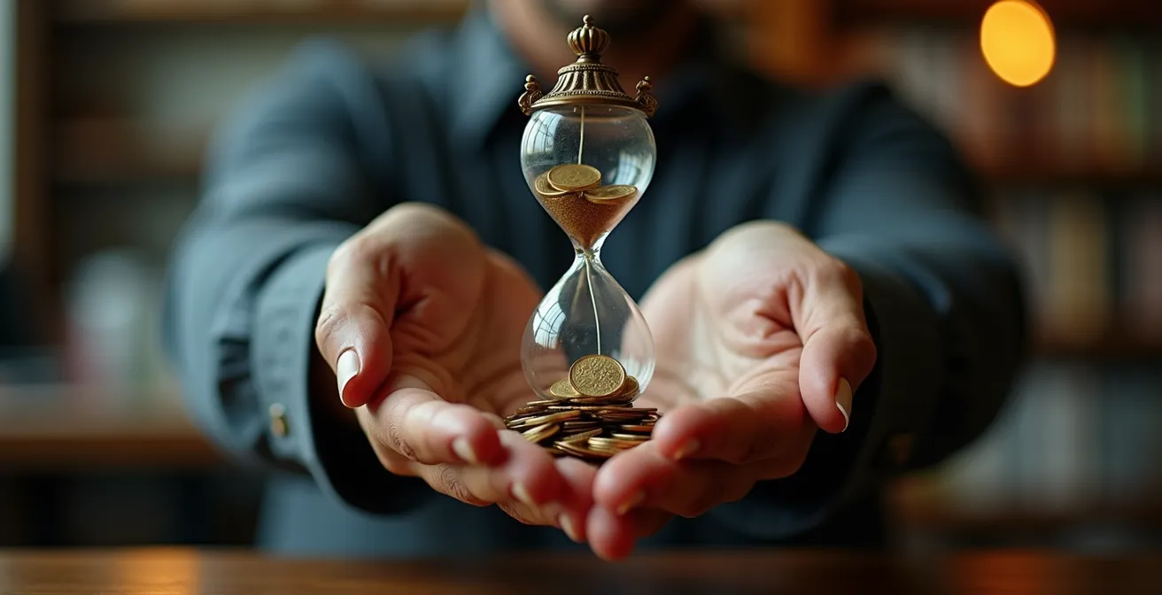 Pièces de monnaie s'échappant d'un sablier en verre