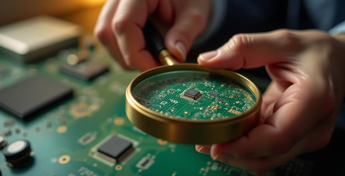 Mains tenant une loupe examinant une carte de circuit imprimé