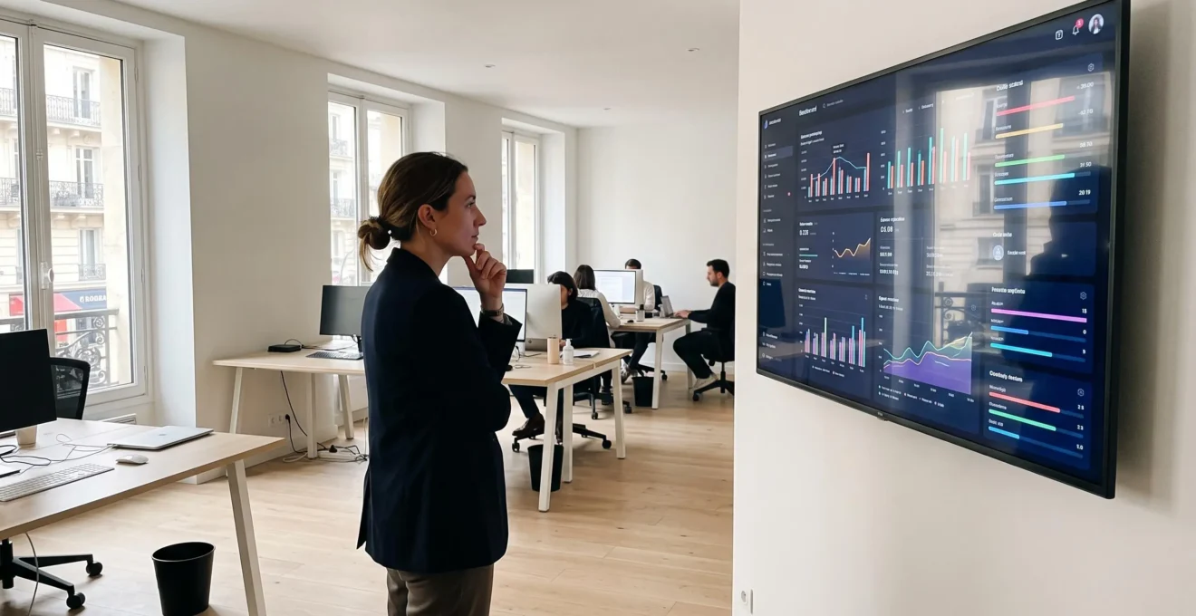 Deux fondateurs de startup en discussion stratégique autour d'un ordinateur portable dans un espace de coworking moderne à Paris avec tableau de planning en arrière-plan