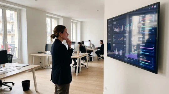 Deux fondateurs de startup en discussion stratégique autour d'un ordinateur portable dans un espace de coworking moderne à Paris avec tableau de planning en arrière-plan