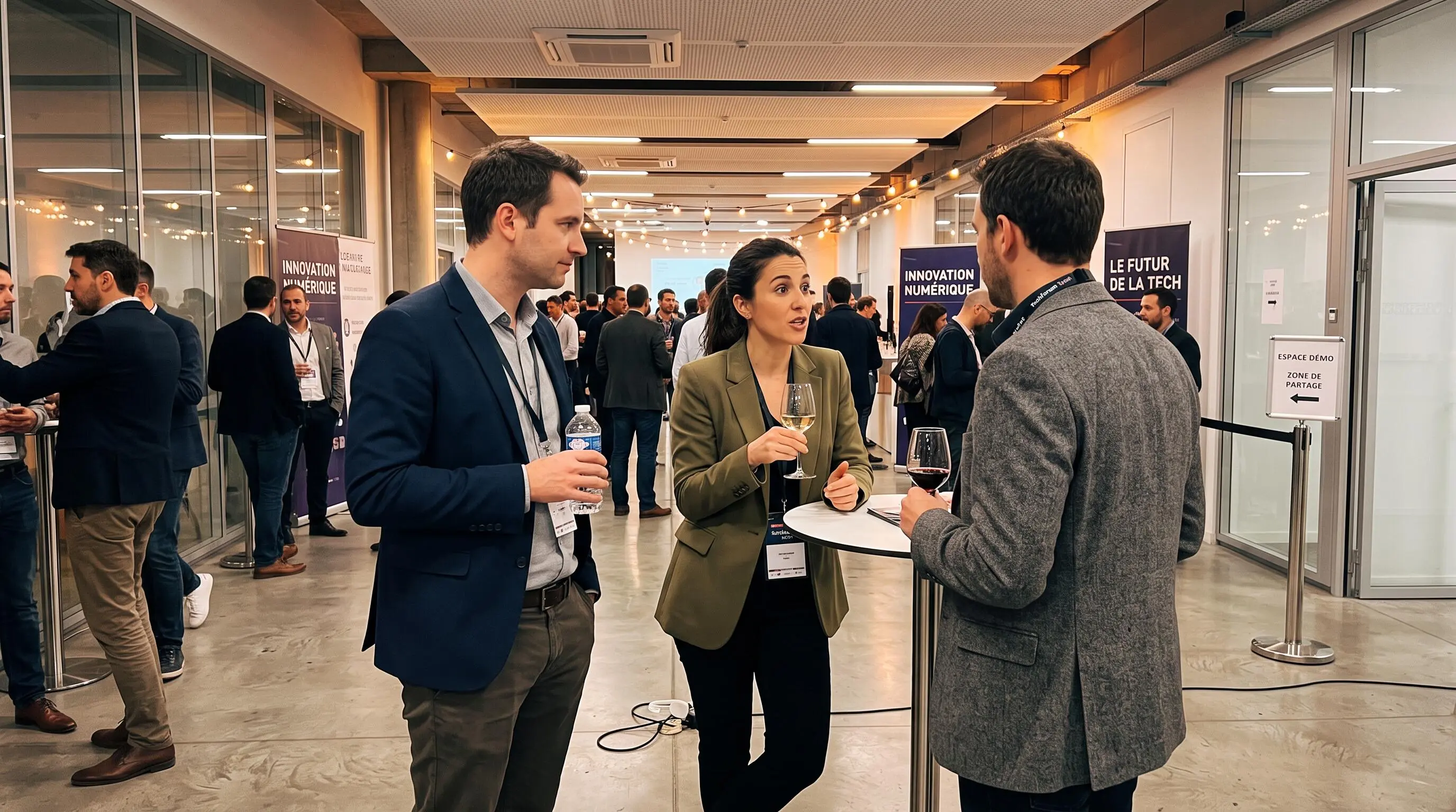 Professionnels de l'écosystème startup en échange informel lors d'un événement de networking tech en France