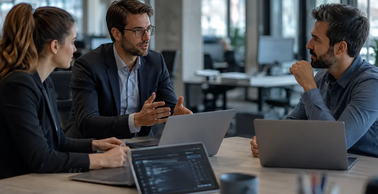 Développeur concentré travaillant sur du code informatique sur son ordinateur portable dans un bureau de startup moderne