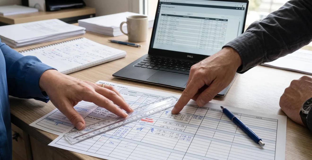 Spécialiste analysant un tableau de règles horaires et des écarts de compteurs