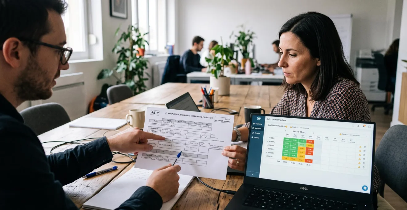 Deux professionnels examinant des règles horaires sur une interface de gestion des temps